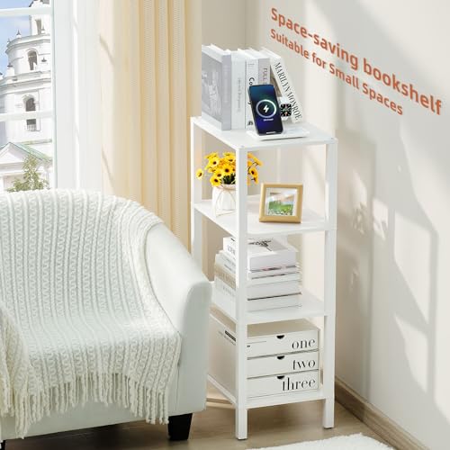 YUFAM 4-Tier Tall Slim Bookshelf, Small Bookcase for Small Spaces, White - color: White, size: 4-Tier