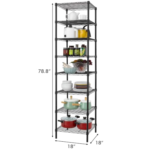 Finnhomy Heavy Duty 8 Tier Wire Shelving, 18x18x78.8 inches 8 Shelves Storage Rack with Thicken Steel Tube, Pantry Shelves for Storage, Adjustable Metal Shelving Unit, NSF Certified, Black - size: 78.8"H-Black