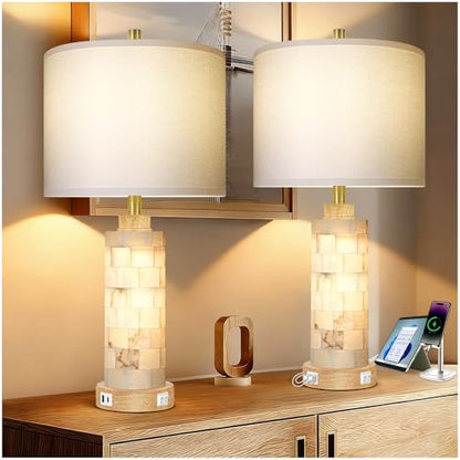 KIVDITZO 27" Alabaster and Wood Table Lamps Set of 2 with Night Light | Nightstand Lamps with USB Ports, White Linen Fabric Shade, Bedside Lamp for Living Room Bedroom Home Office Hotel Bar House - color: Cream White
