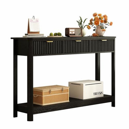 RUSTOWN Fluted Wood Console Table with 3 Drawers, 47.2" Boho Entryway Table | Narrow Behind Couch Sofa Table, Open Storage Shelf, Curved legs, 2 Tier Modern Farmhouse Hallway Table for Living Room, Foyer - color: Black