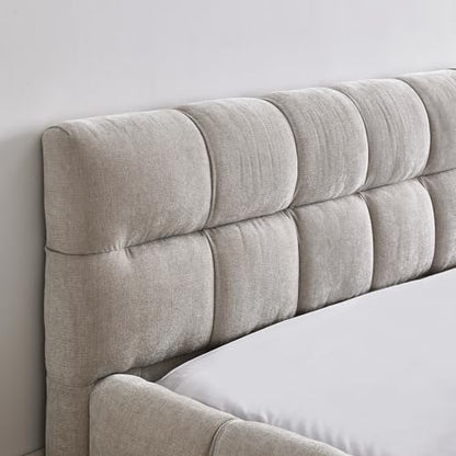 Queen Size Upholstered Cloud Bed Frame, Low Profile Platform Bed with Soft Chenille Headboard, Modern Floor Bed with Wooden Slats