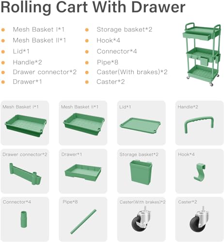 Sorgion 3 Tier Rolling Cart Organizer,Laundry Room Bathroom Organizers and Storage Office Shelves Mobile Shelving Unit Kitchen Trolley Cart with Wheels for Art,Craft,Diaper,Bedside,Snack(Green) - size: 3Tier-Green