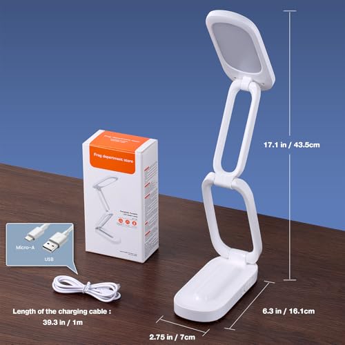 Foldable LED Desk Lamp, Rechargeable Battery Operated Portable Light with 3 Brightness Levels, 180° Adjustable Eye-Caring Mini Lamp for Home Office, Reading & Travel (White)