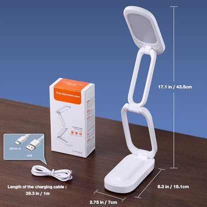 Foldable LED Desk Lamp, Rechargeable Battery Operated Portable Light with 3 Brightness Levels, 180° Adjustable Eye-Caring Mini Lamp for Home Office, Reading & Travel (White)