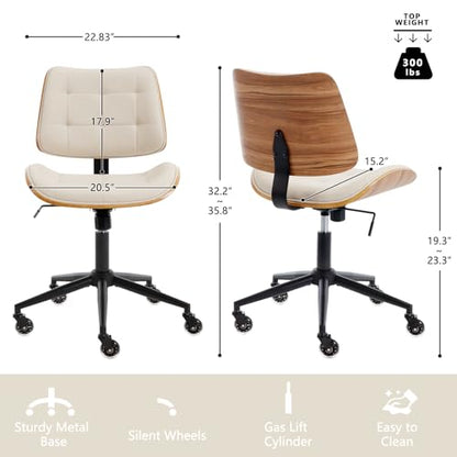 Home Office Desk Chair with Rubber Wheels, Armless Bentwood, Beige | Adjustable Height Armless Office Chair, PU Leather Mid Back 360°Small Computer Chair, No Arms Walnut Seating, 300LBS Support - color: Beige, size: Standard Style