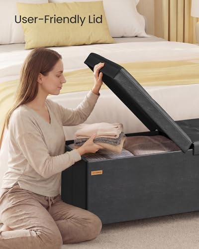 SONGMICS Storage Ottoman Bench with Legs, Folding Ottoman Foot Rest with Flipping Lid, Bench with Storage, for Living Room, Bedroom, Entryway, Synthetic Leather, 43.3 Inches, Ink Black ULSF085BH01 - color: Black, style: with Flipping Lid