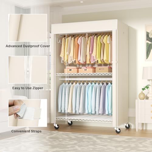 White Clothing Rack with Beige Cover, P1C Plus Rolling Closet | Metal Garment Rack with Wheels for Hanging Clothes, Portable Clothing Storage Wardrobe - color: White Rack with Beige Cover