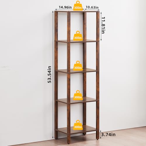 YUFAM 5 Tier Tall Narrow Bookshelf, Skinny Bookcase, Wooden Shelf, Brown | 54'' Tall Thin Book Shelf, Skinny Book Shelf for Modern Narrow Industrial Shelf fits Living Room, Office, Bedroom, Kitchen - color: Brown, size: 5-Tier