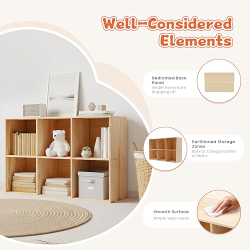 6 Cube Organizer Bookcase, Solid Wood Bookshelf with Back Panel, Floor Standing Open Bookcase, Vertical or Horizontal Storage Shelf for Living Room Office(35.4" L x 11.8" W x 23.6" H) - size: 6-Cube