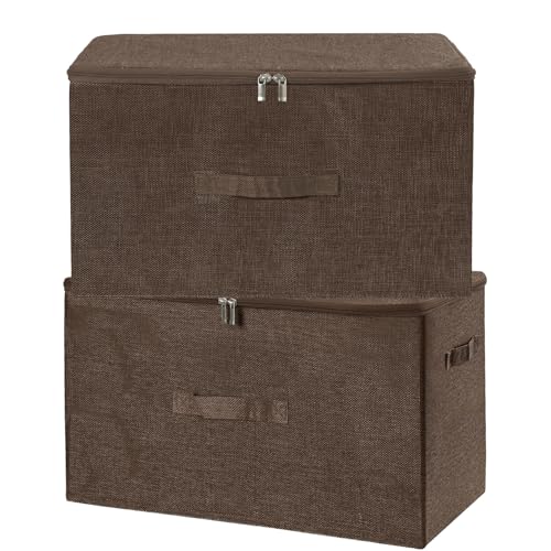 ANMINY Fabric Storage Bins with Zipper Lids, 20"x15"x12", Coffee, 2 PCS | 62.3Qt Cotton Linen Storage Box, PP Board Frame, Washable, Collapsible, with Handles & 3-side Open Lid, Stackable Extra Large - color: Coffee, size: Extra Large (Pack of 2)