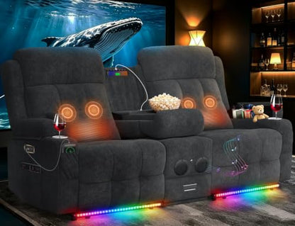 Home Theater Seating, Power Loveseat Recliner Sofa with Massage & Heat | Wall Hugger Reclining Loveseat with USB, RV Couch with LED Lights, Flip Backrest, Cup Holders for Movie Theater, Gaming Room - color: Velvety Gray, size: 72" - 2 Seats