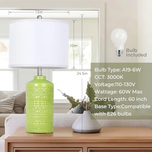 JUNNAI Light Green Ceramic Table Lamp 25 inch 3-Way Dimmable Nightstand Lamp with White Linen Shade Bedside Lamp for Living Room Bedroom Office Reading (Bulb Included) - color: Light Green