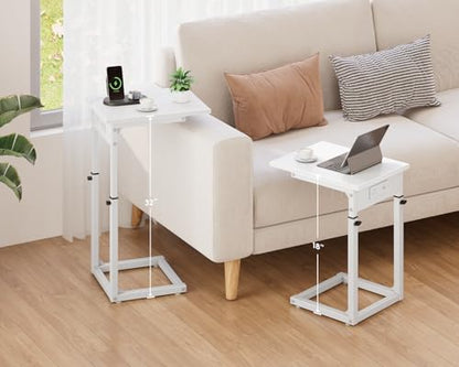 C Shaped End Table with Charging Station, C Table End Table Adjustable Height Sofa Table, Side Table for Couch, Couch Table that Slide Under, TV Tray Arm Table for Living Room,Bedroom, White - color: White, style: Charging Station