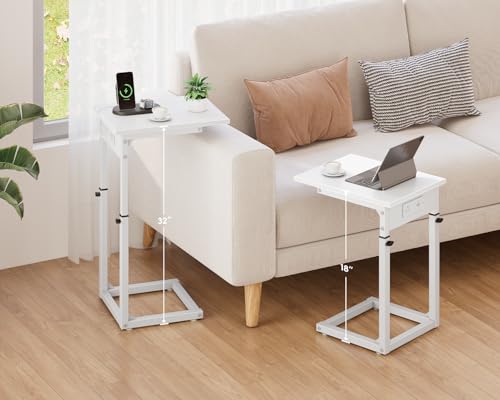 C Shaped End Table with Charging Station, C Table End Table Adjustable Height Sofa Table, Side Table for Couch, Couch Table that Slide Under, TV Tray Arm Table for Living Room,Bedroom, White - color: White, style: Charging Station