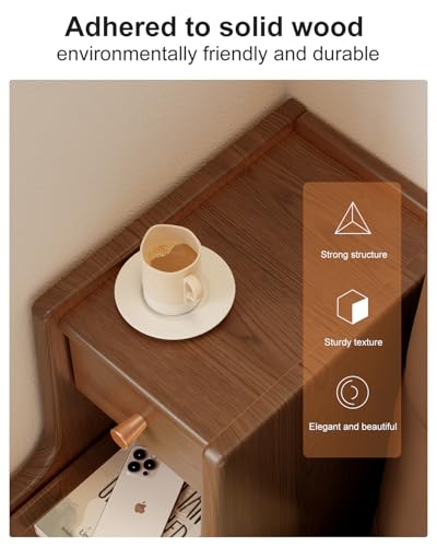 Solid Wood Narrow Nightstand with 3 Drawers,Modern Walnut,Fully Assembled | Narrow night stand,gold handles,open Shelf,skinny bedside table,slim nightstand for bedroom storage,space-saving storage - color: Walnut（15.75"d X 7.87"w X 23.62"h）