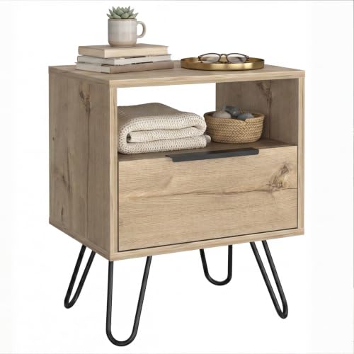 Tuhome Augusta Nightstand, Small Night Stand with Storage Drawer & Open Shelf, 22.2" Tall Narrow Bedside Table on Metal Hairpin Legs, Engineered Wood, Black or Light Oak - color: Light Oak