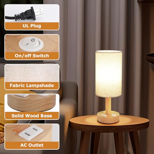Small Bedside Table Lamp with AC Outlet, Natural Wood Base & Linen Shade, Mini Cute Cozy Warm White Nightstand Boho Lamp, Study Desk Night Stand Light for Bedroom, Kitchen, Nursery, Living Room - size: Round - AC Outlet - Set of 1