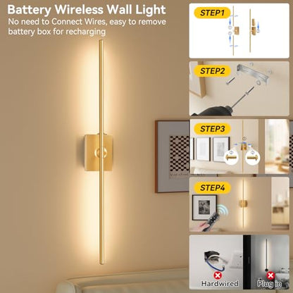 Battery Operated Wall Sconces Set of 2, 10000mAh Wireless Rechargeable 3000-6000K Dimmable 350° Rotate Wall Light with Remote for Living Room, Bedroom 27.6in Gold - color: Gold, size: 27.6in-Square Base