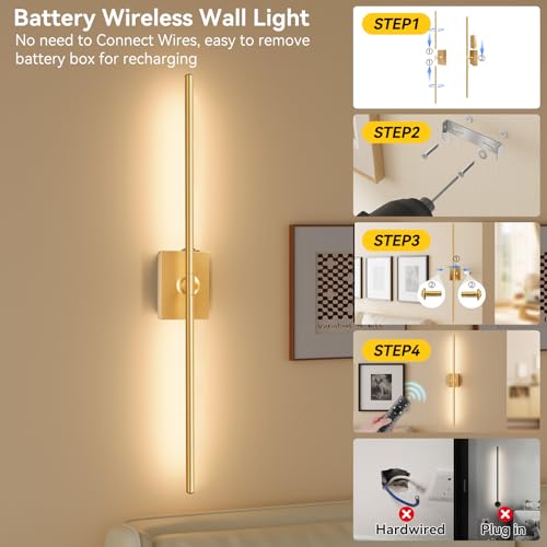 Battery Operated Wall Sconces Set of 2, 10000mAh Wireless Rechargeable 3000-6000K Dimmable 350° Rotate Wall Light with Remote for Living Room, Bedroom 23.6in Gold - color: Gold, size: 23.6in-Square Base