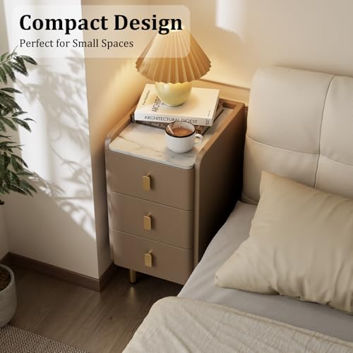 AQIMUELE Narrow Nightstand with Drawers, Narrow Side Table Leather, Small Bedside Tables for Bedroom. (Beige) - color: Beige, size: 11.8''W x 15"D x 22.8"H