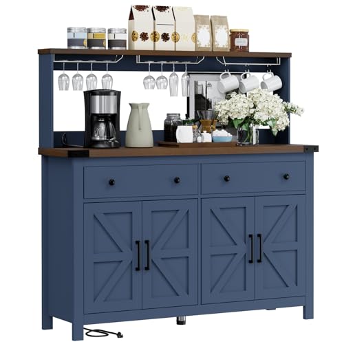 VVFLU Hutch Storage Buffet Cabinet with Drawers, and Charging Station, Coffee Bar Cabinet with Barn Doors, Wine Rack and Hooks, Blue Wood Sideboard Buffet for Kitchen, Dining Room, 54.1" High - color: Blue/Wood, size: 15.7"D x 55.1"W x 54.1"H