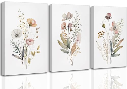 DYLGYWI 3Pcs Watercolor Wildflower Canvas Wall Art | Modern Minimalist Colorful Botanical Floral Picture Wall Decor Flower Poster Print Artwork for Living Room Bedroom Home Decor - color: Flower-Canvas, size: 16L" x 12W"