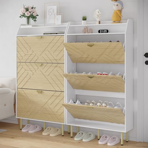 Garvee Shoe Cabinet with 3 Flip Drawers, Hidden Shoe Storage Cabinet with Shelf, Slim Wood Shoe Organizer for Hallway and Entryway, White