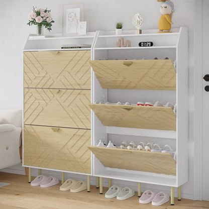 Garvee Shoe Cabinet with 3 Flip Drawers, Hidden Shoe Storage Cabinet with Shelf, Slim Wood Shoe Organizer for Hallway and Entryway, White