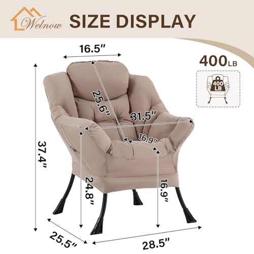 Welnow Khaki Single Lazy Chair for Adults，Modern Reading Accent Chair | A Side Pocket,Armrests,Thick Cushioned Seat & Backrest, Lounge Reading Chair for Bedroom,Living Room & Small Space - color: Khaki Without Stool