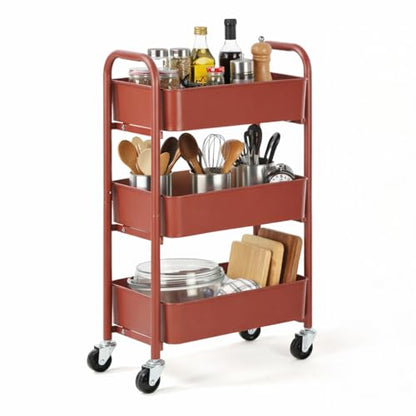 SunnyPoint 3-Tier Delicate Compact Rolling Metal Storage Organizer - Mobile Utility Cart Kitchen/Under Desk Cart with Caster Wheels (RED, 15.35" X 10.24" X 26.8"H) - color: Red