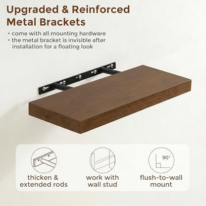 fuqing 20 Inch Floating Shelves 6.7'' Deep Dark Wood Wall Shelves Set of 2 | 20'' x 6.7'' x 1.4'' Rustic Wood Shelves for Bathroom, Living Room, 35LBS, Lightweight, Hardware Included, Waterproof Finish - color: Walnut, size: 20 Inch