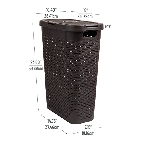 Mind Reader Slim Laundry Hamper with Lid, 40L Clothes Basket, Narrow Tapered Design with Ventilated Cutout Pattern, Plastic, Brown - color: Brown, size: Single