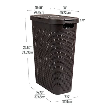 Mind Reader Slim Laundry Hamper with Lid, 40L Clothes Basket, Narrow Tapered Design with Ventilated Cutout Pattern, Plastic, Brown - color: Brown, size: Single