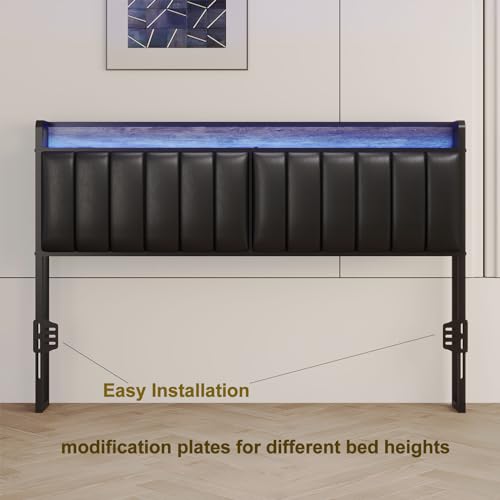 Queen Size Upholstered Headboard with LED Lights & Charging Station, PU Upholstery, Queen Headboard Only, Height Adjustable, Attach Frame, Sturdy and Stable, Easy Assembly - color: Black, size: Queen