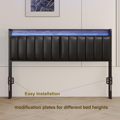 King Size Upholstered Headboard with LED Lights & Charging Station, PU Upholstery, King Headboard Only, Height Adjustable, Attach Frame, Sturdy and Stable, Easy Assembly - color: Black, size: King