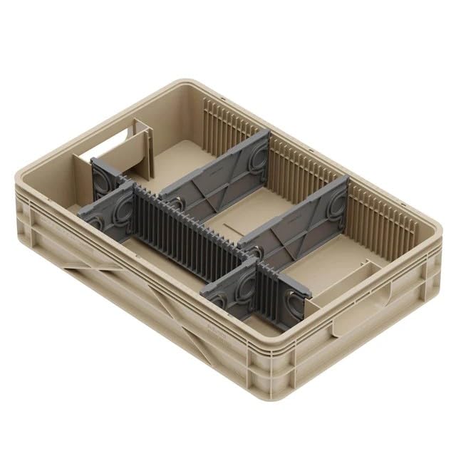 Quarter Crate 4-Pack Stackable Storage Bins, Tan | Polypropylene, 14 dividers included, 19.16x12.75x4.57 in, over 1000 lb stack, lids sold separately - color: Tan