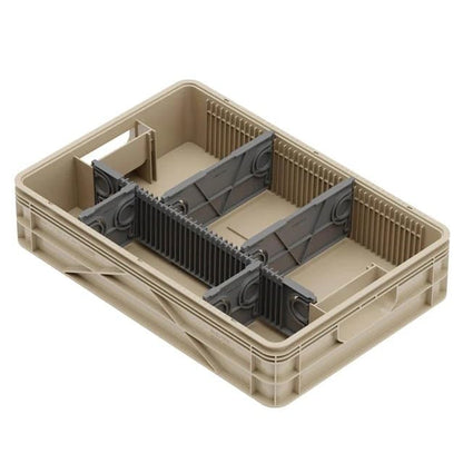 Quarter Crate 4-Pack Stackable Storage Bins, Tan | Polypropylene, 14 dividers included, 19.16x12.75x4.57 in, over 1000 lb stack, lids sold separately - color: Tan
