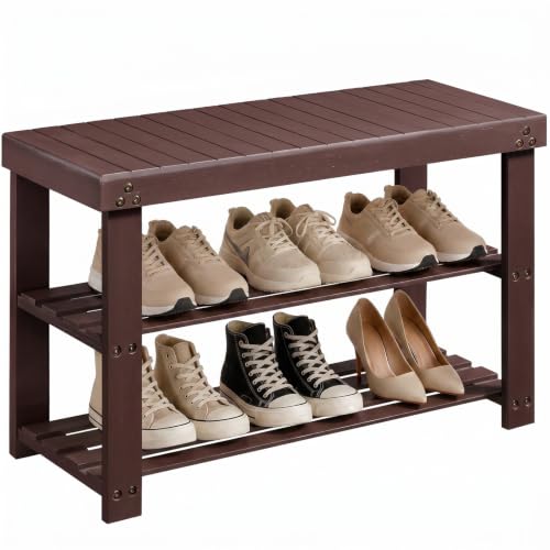 Amada 3 Tier Bamboo Shoe Rack Bench for Entryway, Living Room, Brown | 100% natural bamboo, 220 lbs weight capacity, thicker panels, triple screws for enhanced stability, holds 6 pairs - color: Brown