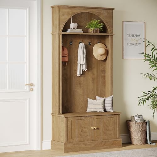 Tribesigns Hall Tree with Bench and Shoe Storage, 4-in-1 Design Entryway Bench with Coat Rack, 70.86" Tall Mudroom Rack with 5 Double Hooks and Adjustable Shelf for Hallway (Brown) - color: Brown