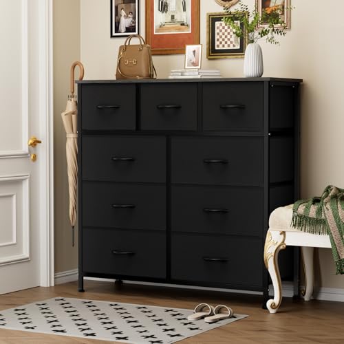 Sweetcrispy 9-Drawer Fabric Dresser Storage Tower with Wood Top, Black | Sturdy Steel Frame with Wood-top, Easy-pull Handle, Space-Saving Organizer Chest for Bedroom, Closet, Lightweight and Stable - color: Black, size: 11.8"D x 39.6"W x 39.8"H (9 Drawers