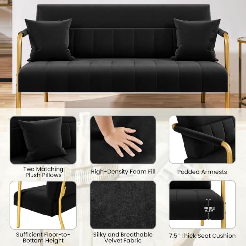 Yaheetech 56.5" Smal Sofa 2 Seater Couch with Gold-Tone Legs, Black | Small Sofa Loveseat Velve 2 Seater Couch with Tufted Back Gold Metal Frame 2 Pillows for Office, Studio,Living Room - color: Black, size: 56.5" W
