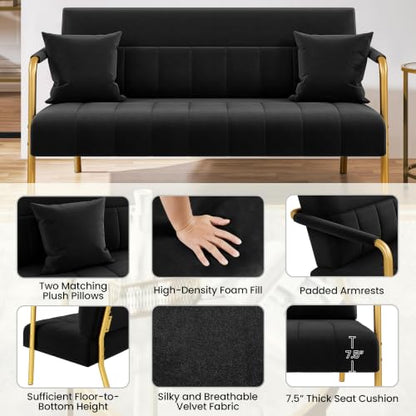 Yaheetech 56.5" Smal Sofa 2 Seater Couch with Gold-Tone Legs, Black | Small Sofa Loveseat Velve 2 Seater Couch with Tufted Back Gold Metal Frame 2 Pillows for Office, Studio,Living Room - color: Black, size: 56.5" W