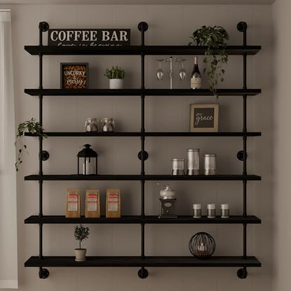 HDDFER Floating Shelves for Wall Living Room Shelves Bookshelf Industrial Pipe Shelving Shelf Real Wood Planks 60 inch Rustic Wall Shelves Hanging Bookshelves Farmhouse Kitchen Bar Shelving - color: Black, size: 6Tier60in