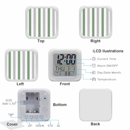 Digital Alarm Clocks for Bedroom,Modern Minimalist Striped Art Cube Alarm Clock with Snooze and Nightlight Sage Green Gray Stripe Silent Office Desk Clock Time/Date/Temperature Display - color: Green Gray