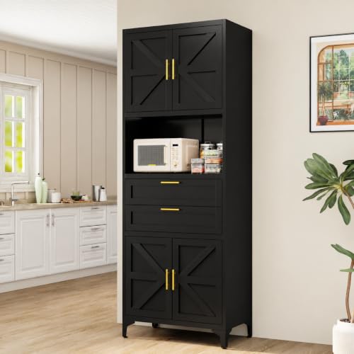 71" Kitchen Pantry Cabinet, Metal Storage Cabinet with 2 Drawers and Adjustable Shelves, Farm Freestanding Cupboard for Kitchen,Office, Black - color: Black, size: 71"H-MZ
