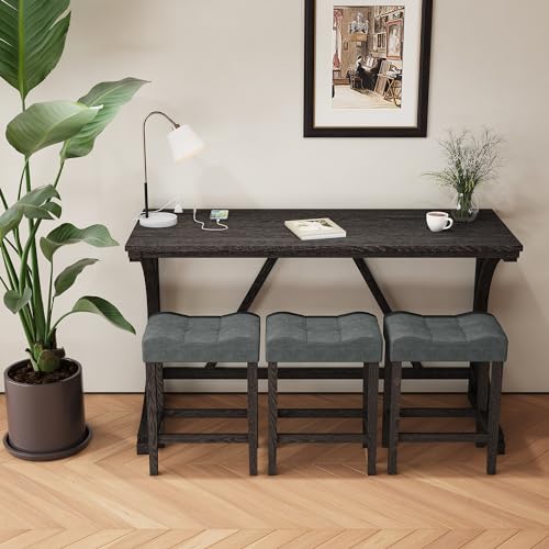 allamazing 4-Piece Counter High Bar Table Set with Socket and 3 Fabric Padded Bar Stools, Tall Kitchen Breakfast Nook with Stool, Black - color: 1+3 Black
