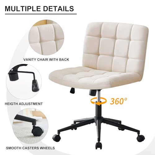 Furnimart Swivel Criss Cross Legged Chair with Wheels for Home Office, Wide Armless Desk Chair Height Adjustable Comfy Seat for Desk,Vanity, Bedroom, Beige - color: Linen-beige
