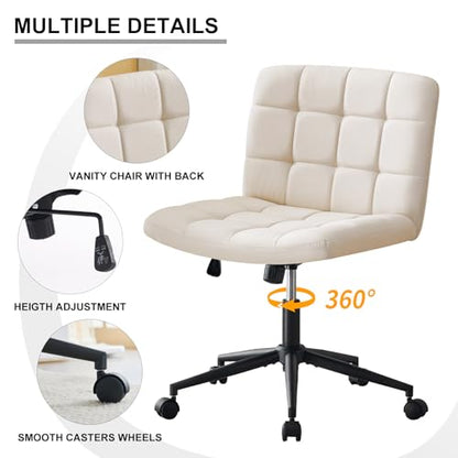 Furnimart Swivel Criss Cross Legged Chair with Wheels for Home Office, Wide Armless Desk Chair Height Adjustable Comfy Seat for Desk,Vanity, Bedroom, Beige - color: Linen-beige