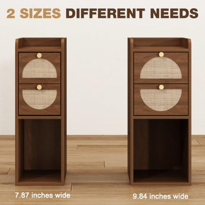 Narrow Nightstand Set of 2 (Rattan & Wood) - Small Bedside Table with 2 Drawers, Open Shelf, Mid Century Modern End Table - for Bedroom, Living Room & Small Spaces, Walnut - color: Walnut, size: 9.9"W (2 Pc)