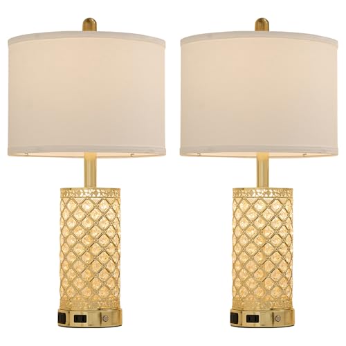 SAIWEYA 24in Crystal Table Lamp Set of 2 Bedroom Lamps for Night Stand | 3-Way Dimmable Touch with Night Ligh, 2 USB Ports + AC Outlet, White Fabric Shade, LED Bulb Included - color: Gold-2 Pack 24In